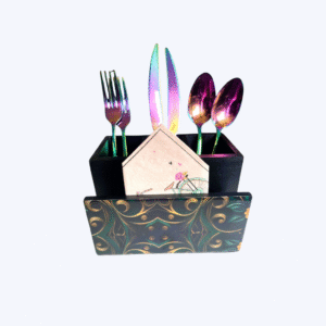 Handcrafted High Quality Wooden Utensil / Napkin Holder - Kitchen Organizer with Enamel Art - 4 compartments