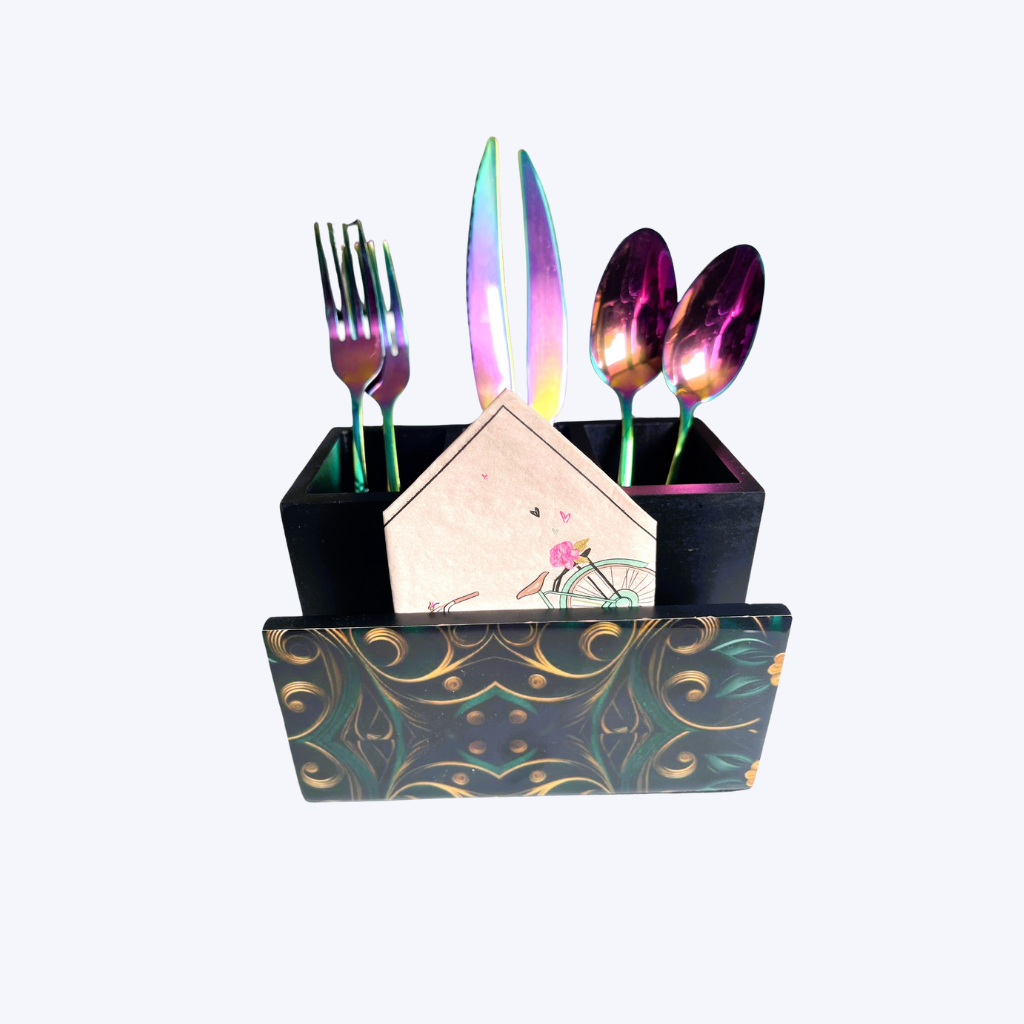 Handcrafted High Quality Wooden Utensil / Napkin Holder - Kitchen Organizer with Enamel Art - 4 compartments