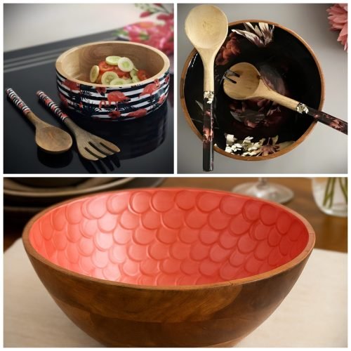 Holz schalen und L+¦ffel mit Emaille-Kunst Wood Bowls & Spoons w Enamel Art