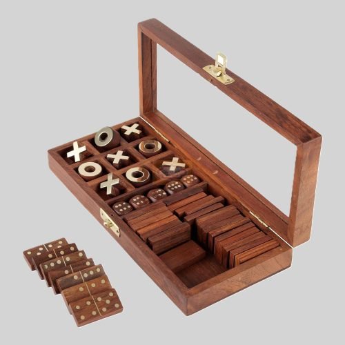 Spielset Holz - Dominosteine, Tic-Tac-Toe, W++rfel Wooden Game Set -Dice